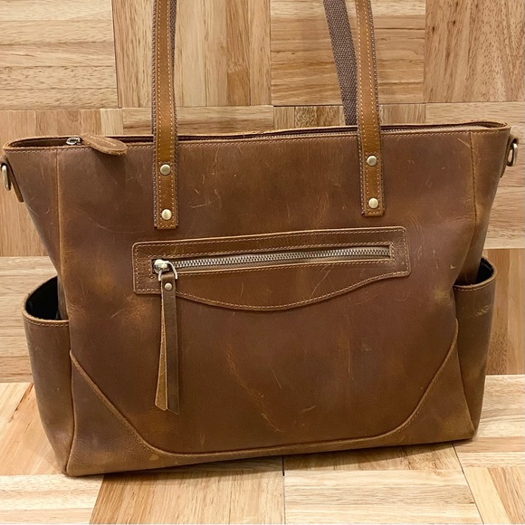 S-Zone Distressed Genuine Leather Tote Bag Cowhide Leather Laptop Travel Bag - Picture 5 of 16